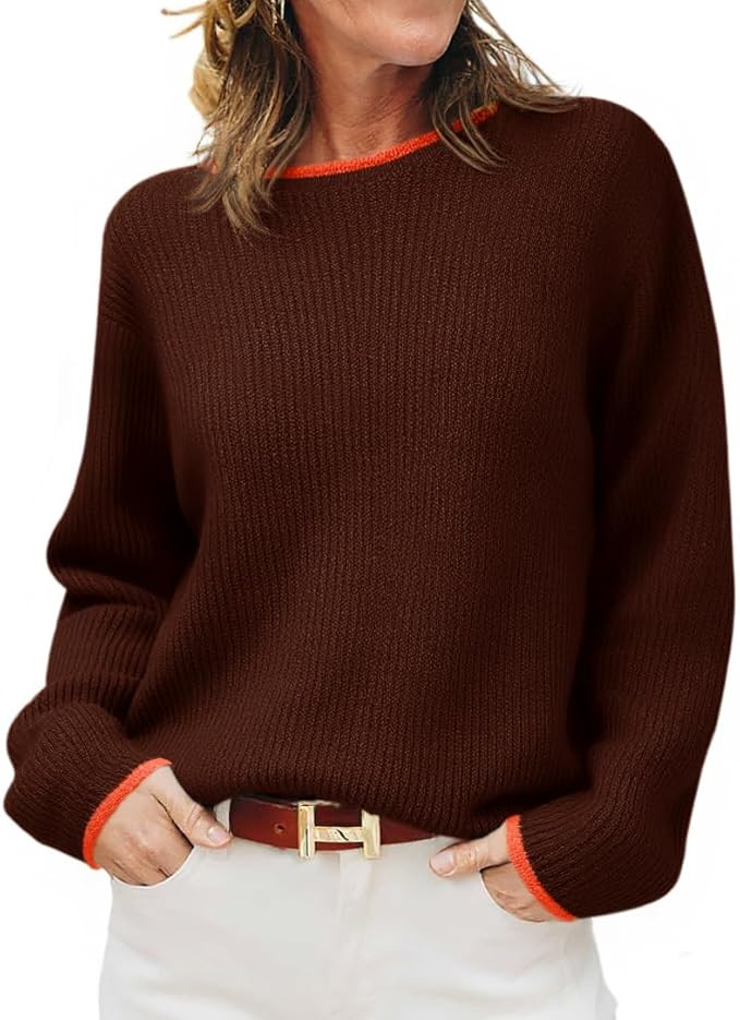 Saodimallsu Womens Crew Neck Sweater Chunky Long Sleeve Ribbed Knit Color Block Loose Casual Fall... | Amazon (US)