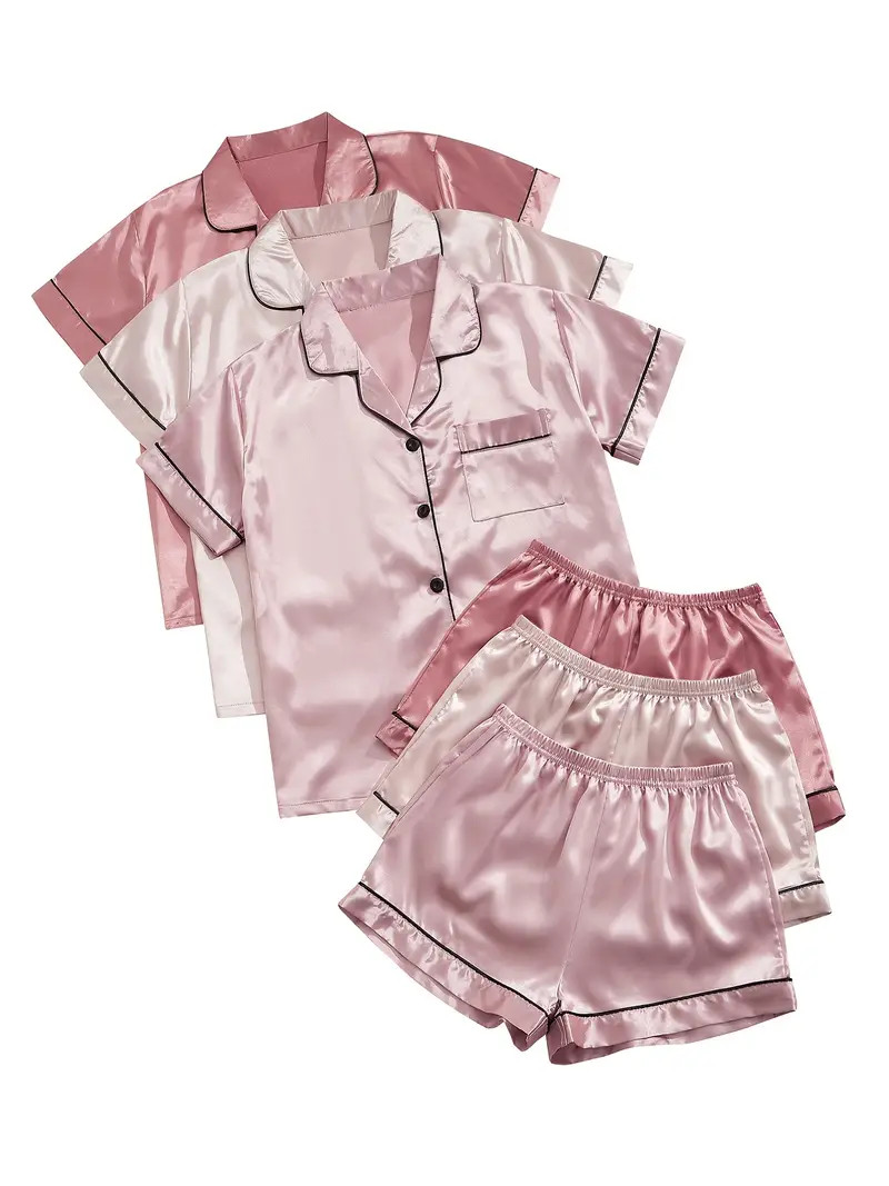 3 Sets Satin Pajama Set, Short Sleeve Lapel Top & Elastic Waistband Shorts, Women's Sleepwear & L... | Temu Affiliate Program