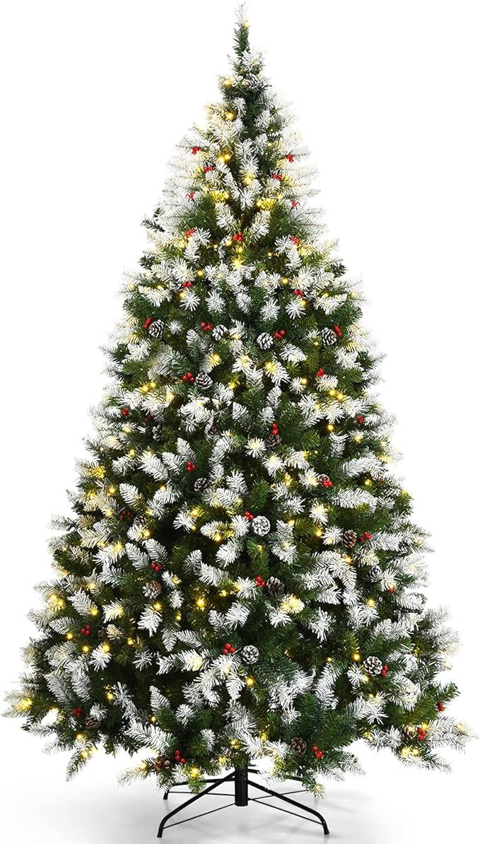 Goplus Pre-lit Snow Flocked Christmas Tree, 7.5ft Hinged Artificial Xmas Tree w/ Pine Cones, Red ... | Amazon (CA)