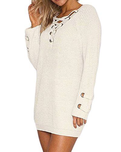 BOBIBI Women's Lace Up Front V Neck Long Sleeve Knit Pullover Sweater Mini Dress Top | Amazon (US)