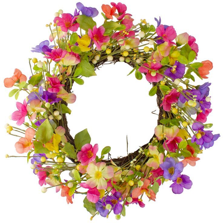 Northlight Wild Flowers and Berries Artificial Spring Twig Wreath, Pink and Yellow - 20-Inch | Target