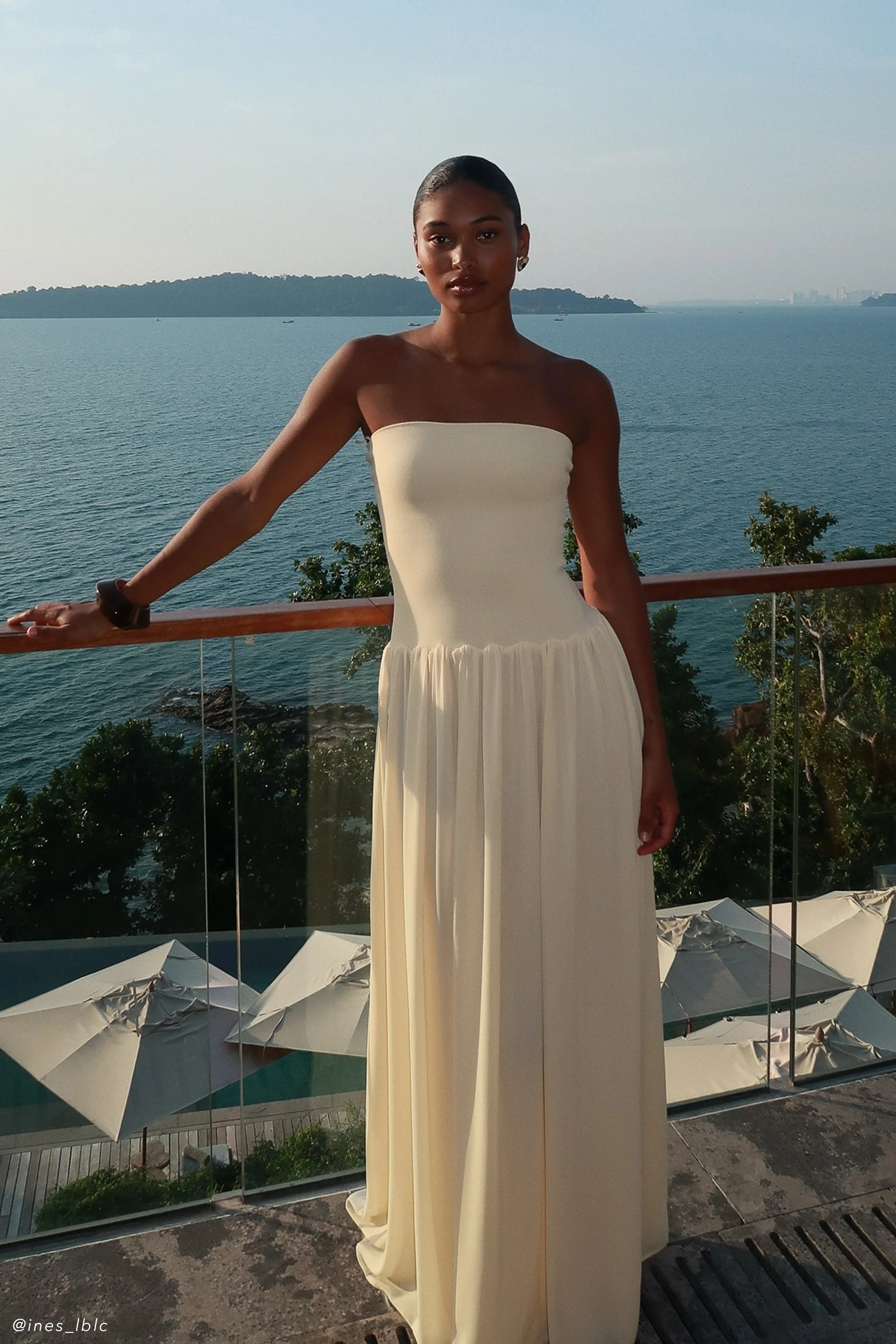 Knit And Chiffon Strapless Maxi Dress - Cream | MESHKI US