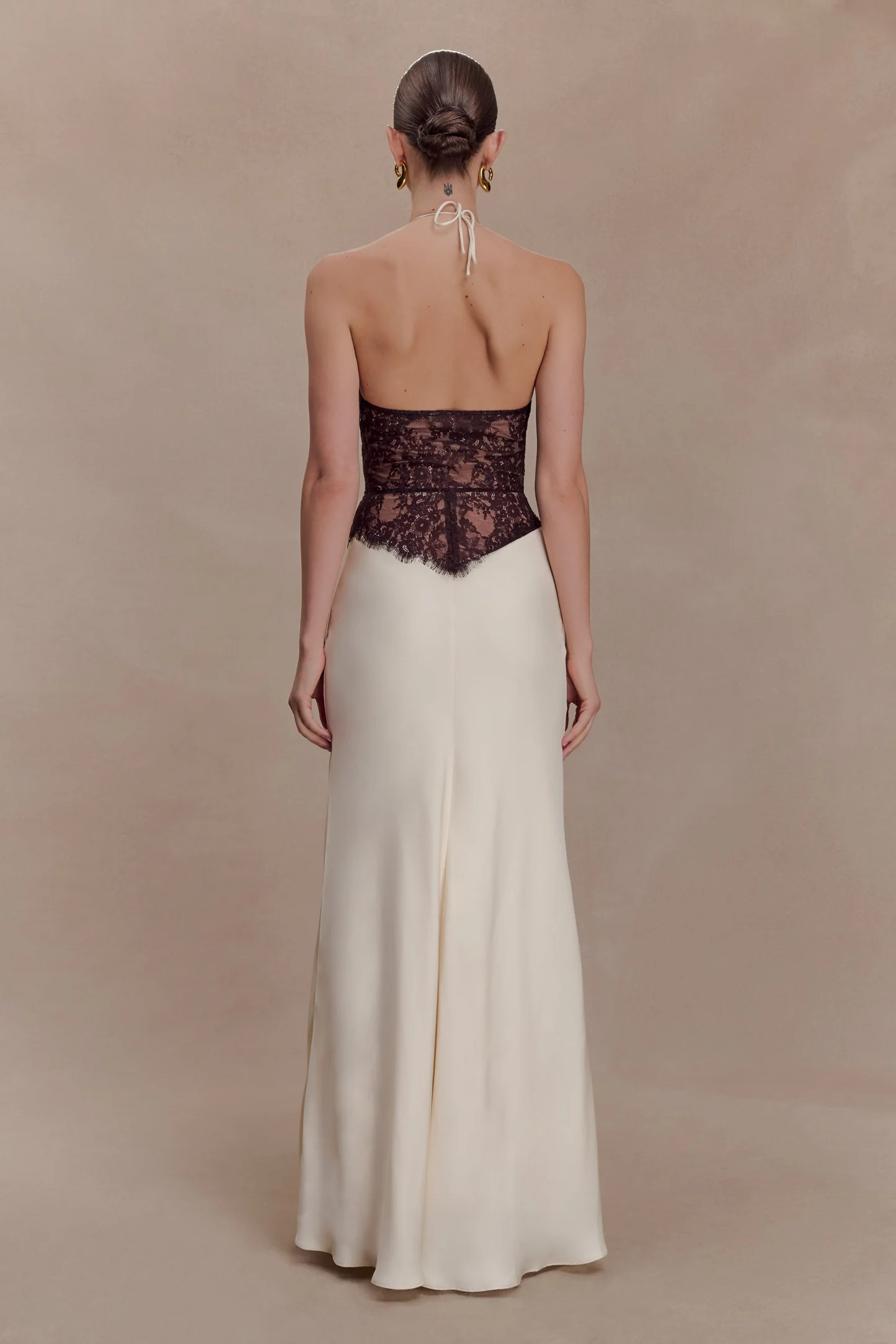 Sascha Lace And Satin Halter Maxi Dress - Ivory/Chocolate | Meshki UK