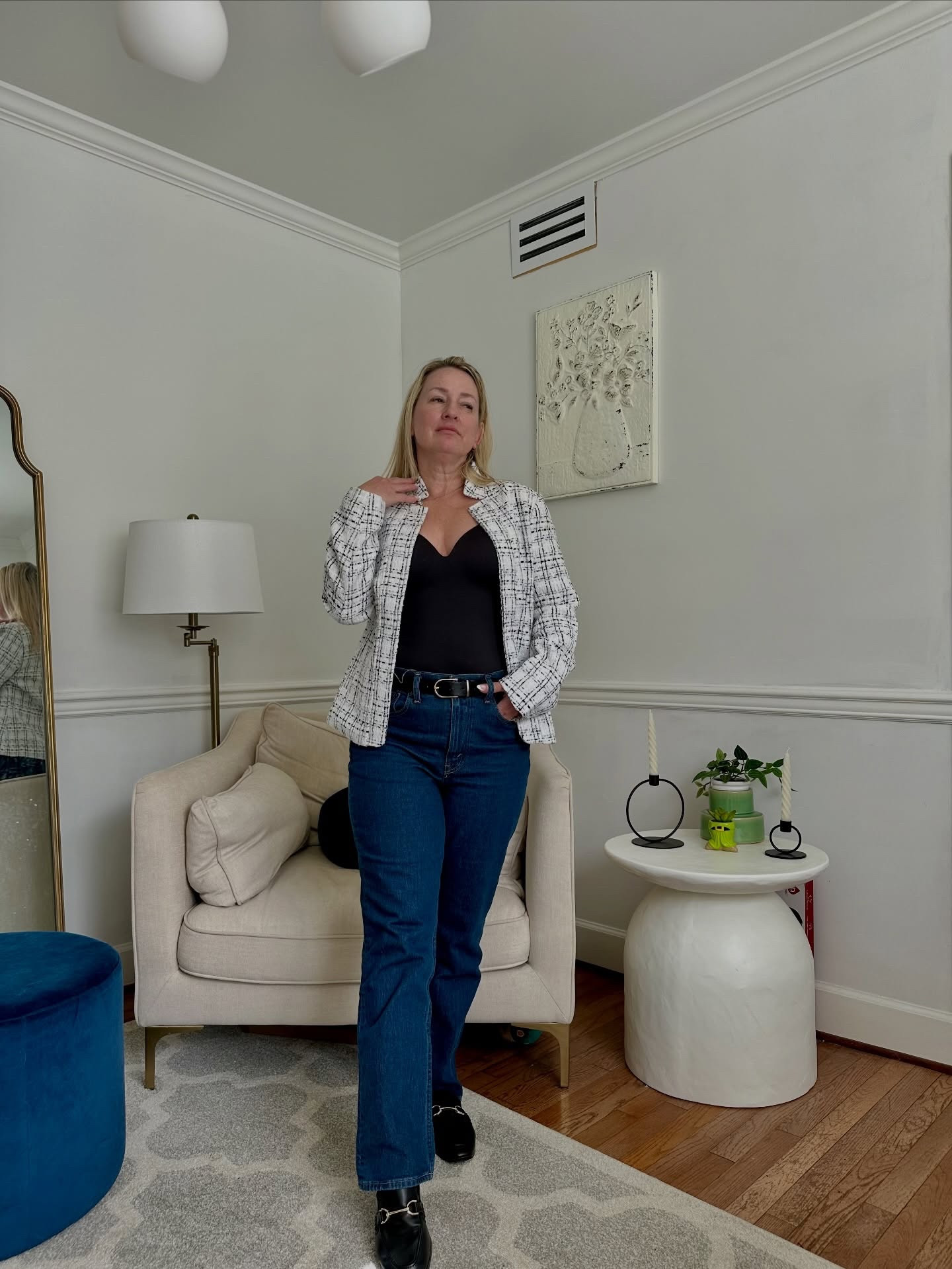 This is one of my go-to outfit formulas when I want to feel put together without overthinking it

A structured jacket instantly elevates the look, and high rise denim helps define the waist (especially if you have a long torso like me)

But the piece that really makes this outfit work is the cami

I’m wearing a padded cami underneath, and it gives just enough support and structure to smooth everything out and make layering so much easier

It helps the jacket sit better, keeps the look clean, and honestly just makes the whole outfit feel more flattering.

This is one of those simple swaps that makes a bigger difference than you’d think.

https://glnk.io/6ylk/trilby

Hey girl I’m here to save $$ also use TRILBYCREW20

#petitestyleover40 #longtorsostyle #everydayoutfitideas 
#shapermintcrew @shapermint @shapermint.crew over40fashion wardrobebasics

#LTKOver40 #LTKootd #LTKPetite