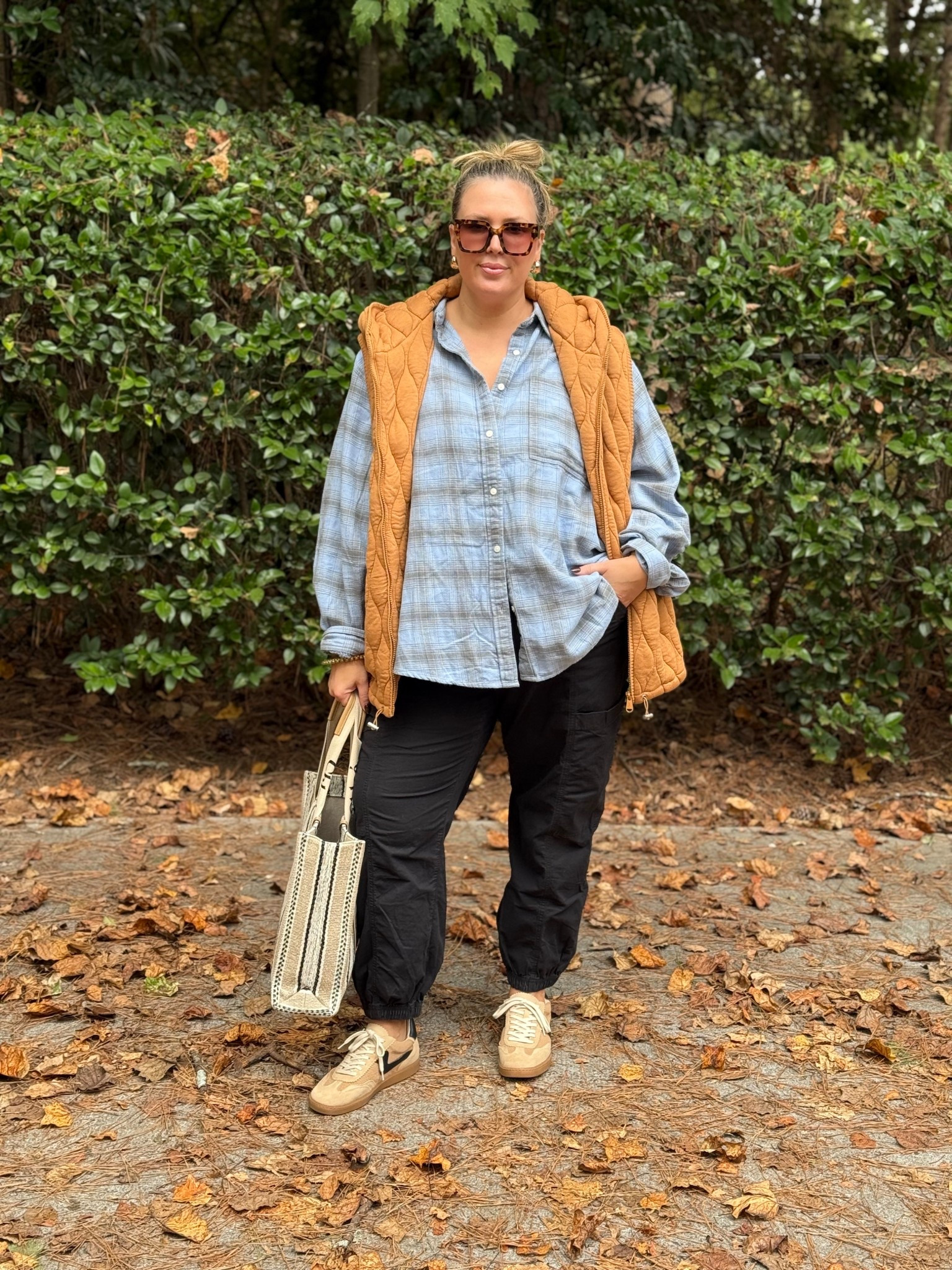 Saturday mom ‘fit - finally starting to feel like Fall in ATL! I love this vest so much, the XL easily fits my 2X body! Wearing an XXL in the button up, and a size 20 in the pants!! Favorite non jean casual pants ever! Shoes are suuuuper comfy omg. 

#LTKSaleAlert #LTKPlusSize #LTKMidsize