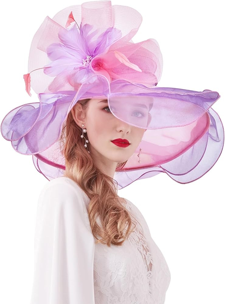 Z&X Women Organza Church Derby Hat Wide Brim Sun Hats for Wedding Tea Party Fascinator Hat, Dual-... | Amazon (US)