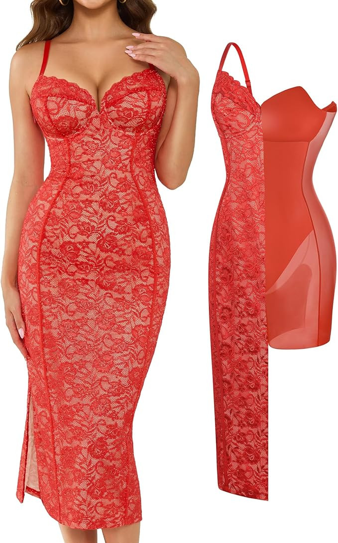 Popilush Built in Shapewear Lace Midi Dress Women's Deep V Neck Sleeveless Formal Wedding Guest C... | Amazon (US)