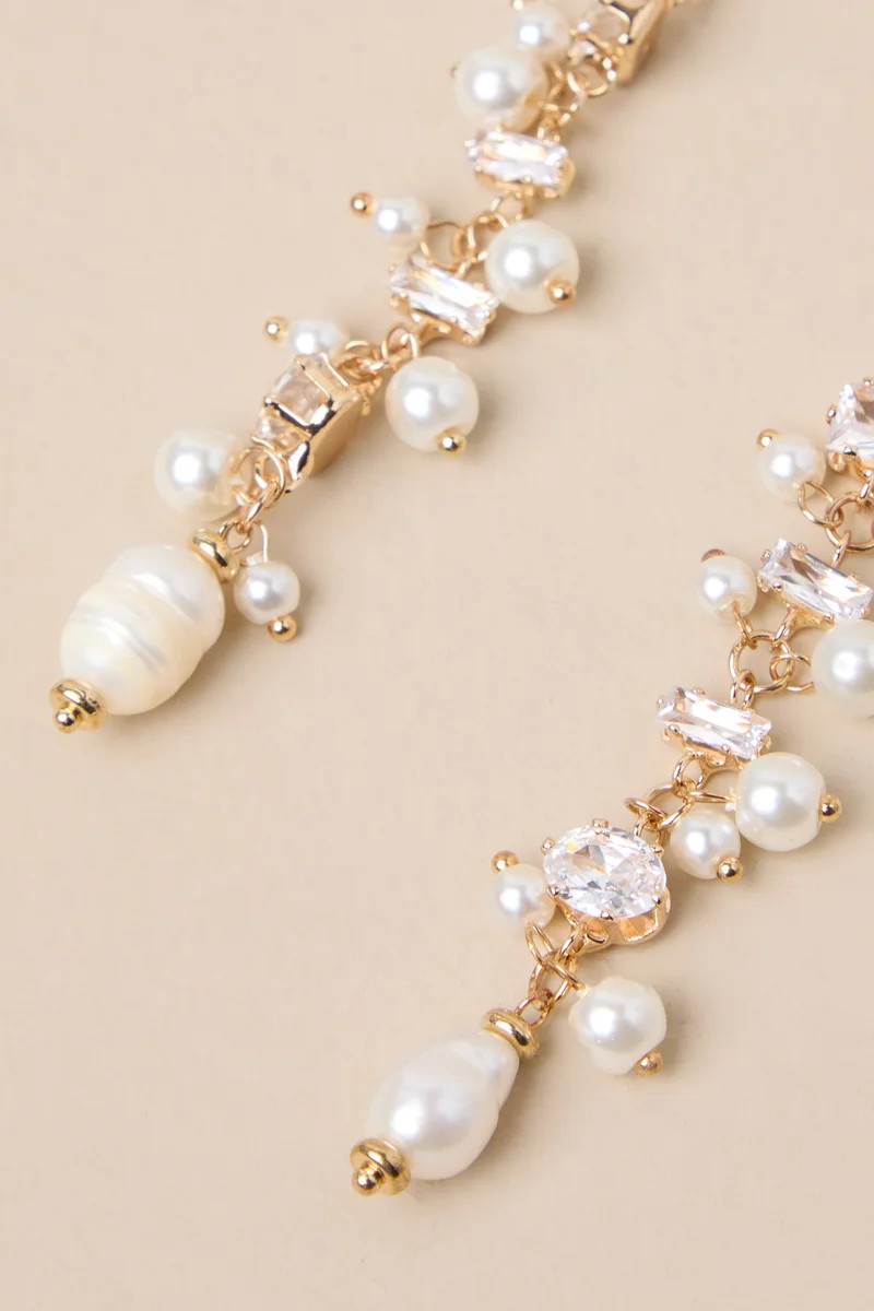 Decadent Approach Gold Pearl Rhinestone Drop Earrings | Lulus