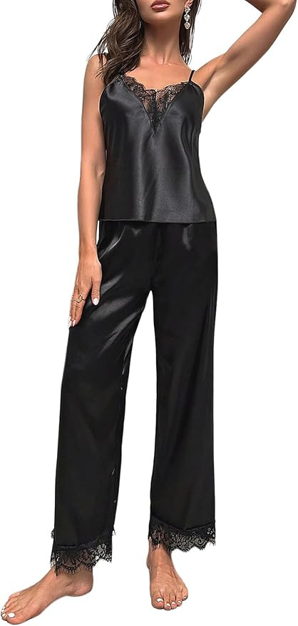 OYOANGLE Women's 2 Piece Satin Silky Lace Pajama Set | Amazon (US)