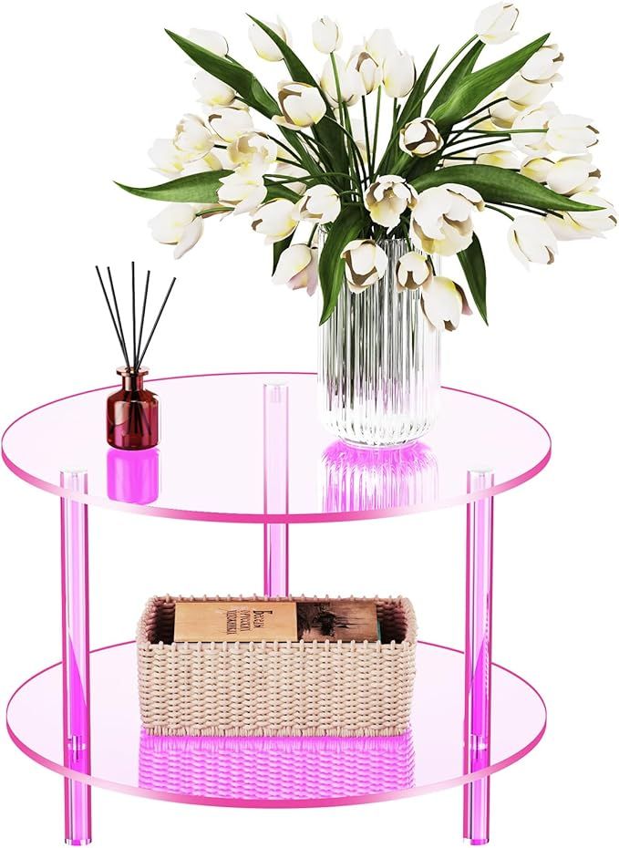 Acrylic Coffee Table, Small Round Modern Coffee Table for Living Room, Pink | Amazon (US)