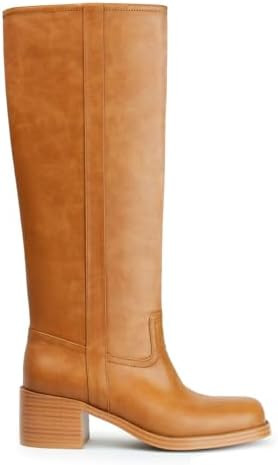 Women's Banana Knee High Boots Square Toe Chunky Block Heel Comfortable Low Heel Pull on Wide Cal... | Amazon (US)