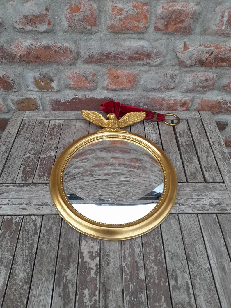 Vintage Midcentury Convex Glass Butler Mirror Witch's Mirror With Gold Colored Frame and Eagle Wi... | Etsy (US)