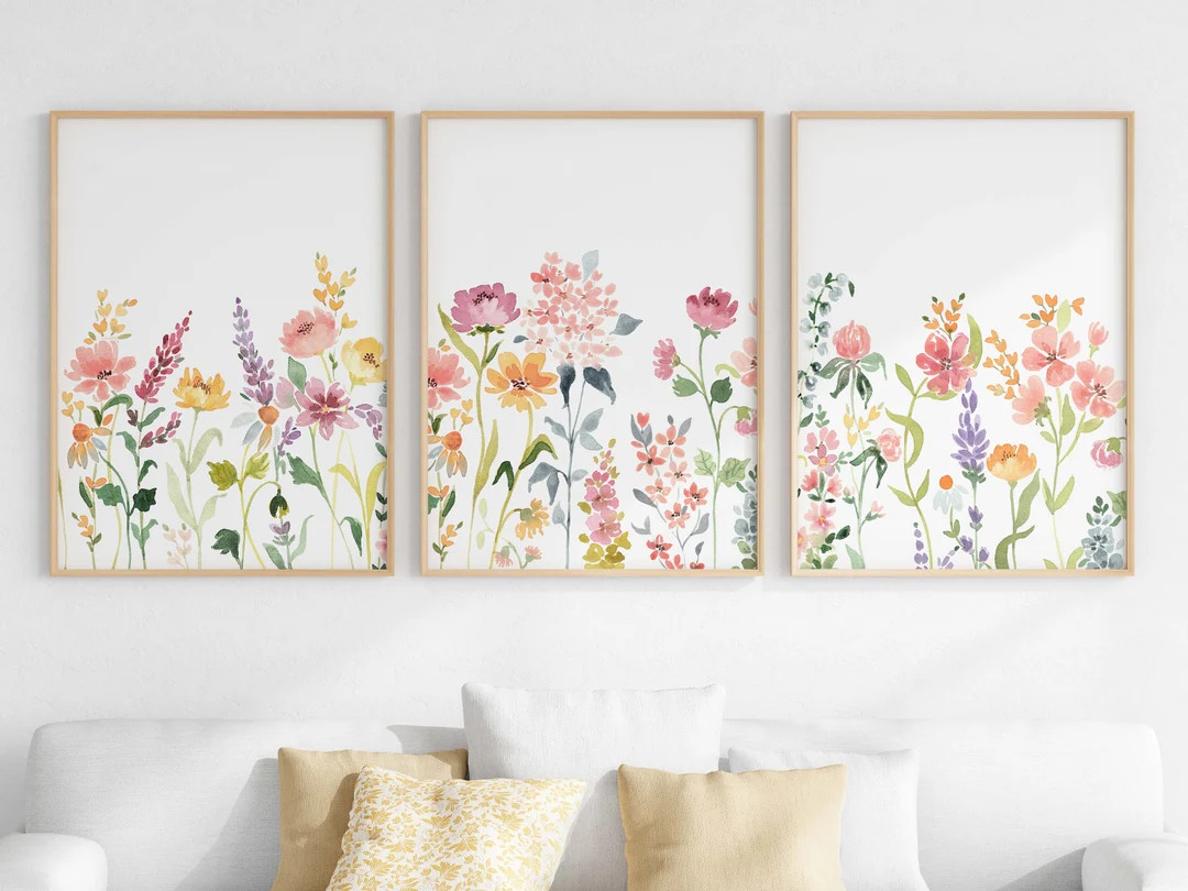 Floral Watercolor Print Set of 3, Wildflower Field Wall Art, Printable Colorful Flower Artwork, D... | Etsy (US)