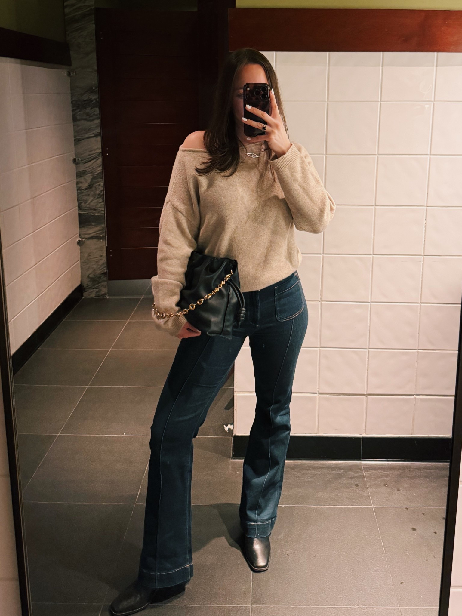 Dinner outfit. Transition weather. Spring. DL1961 jeans. Denim. Abercrombie. Sweater. Off the shoulder. Loewe. Sam edelman boots  

#LTKSeasonal #LTKSaleAlert #LTKSpringSale
