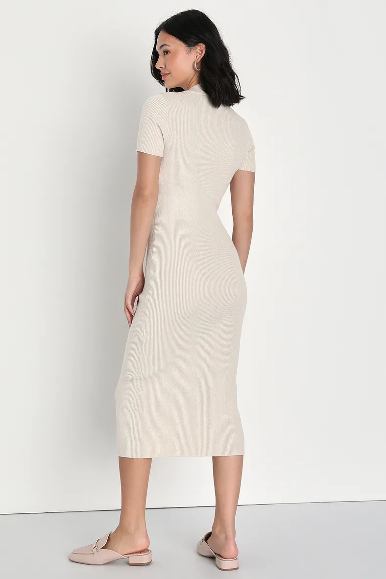 Excellent Energy Beige Ribbed Knit Collared Midi Dress | Lulus (US)