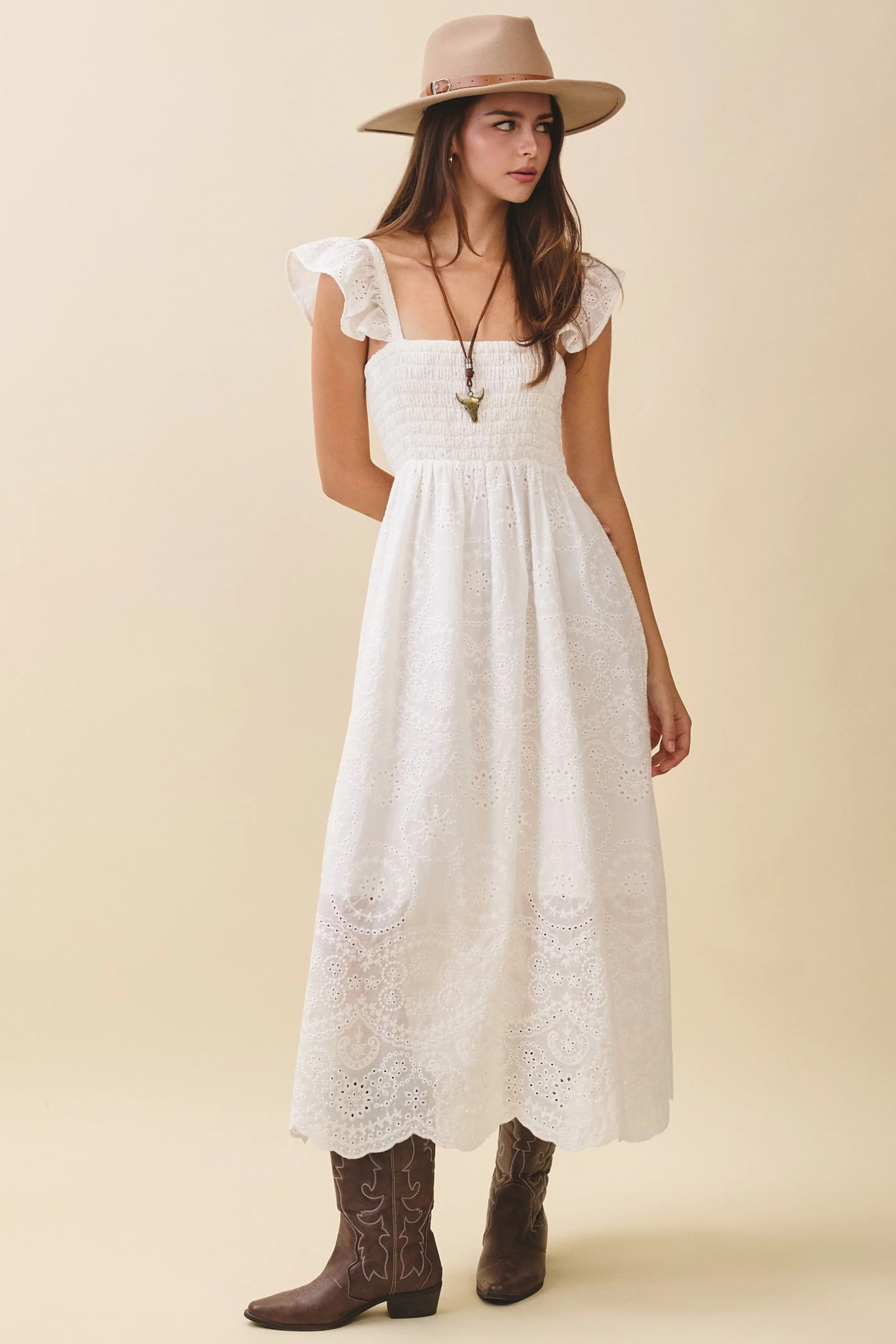White Embroidered Smocked Cutout Midi Dress | PinkBlush Maternity