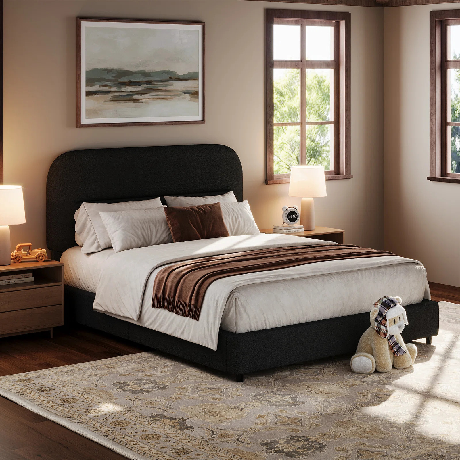 Manfred Boucle Upholstered Cloud Bed Frame with Rounded Corners Headboard, Soft Platform Bed Fram... | Wayfair North America