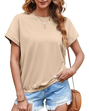 Tankaneo Women Short Cap Sleeve Tops Summer Casual Banded Sweatshirt Crew Neck Loose Fit T-Shirts | Amazon (US)