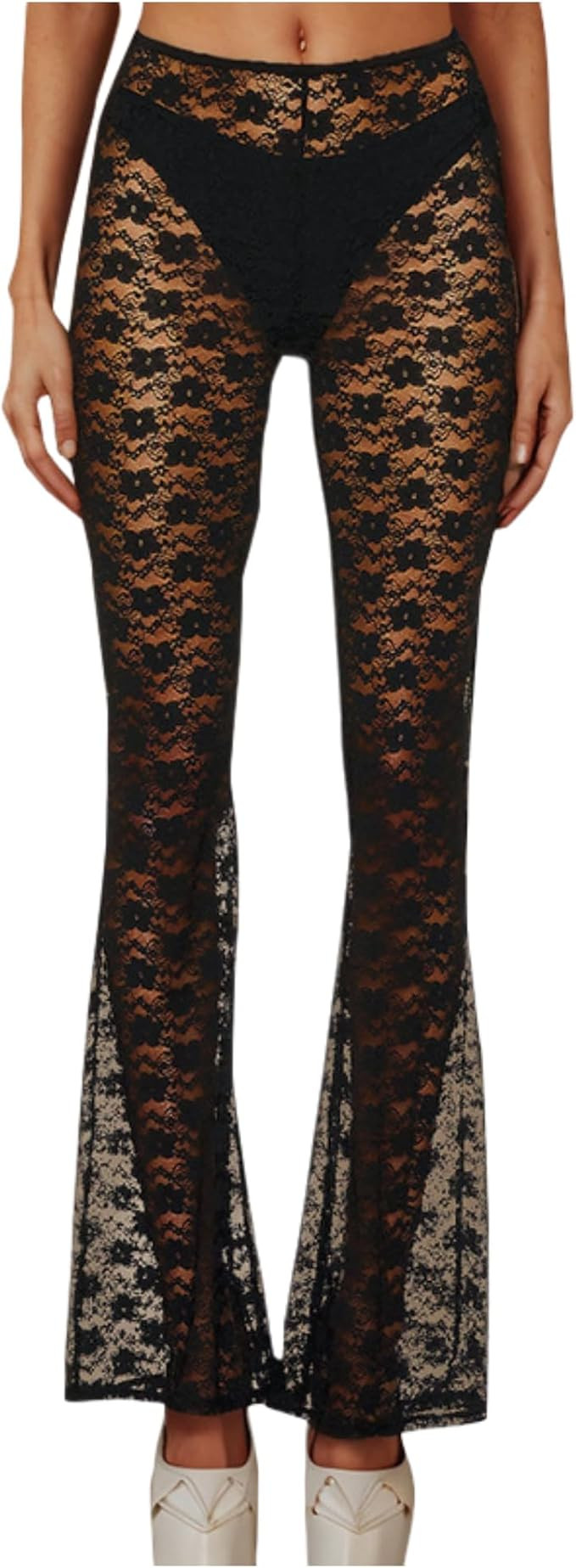 Women Rave Mesh Sheer Pants Flared Bell Bottom Pants for Dance Festival Clubwear | Amazon (US)