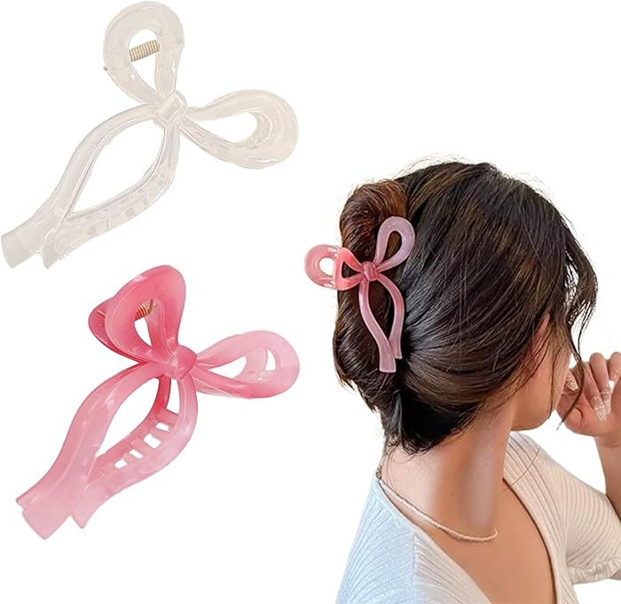 Ayesha Bows Claw Clips - 2 Colors Ribbon Coquette Clips for Thick Hair and Girls, Including Pink | Amazon (US)