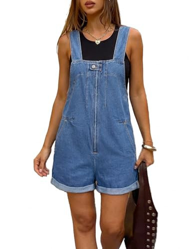 POLIRO Denim Overall Shorts For Women 2026 Front Zip Closure Cuffed Hem Jean Romper Shortalls With 4 Pockets Overol Para Mujer Jumper Light Blue Size 12 14 Large | Amazon (US)