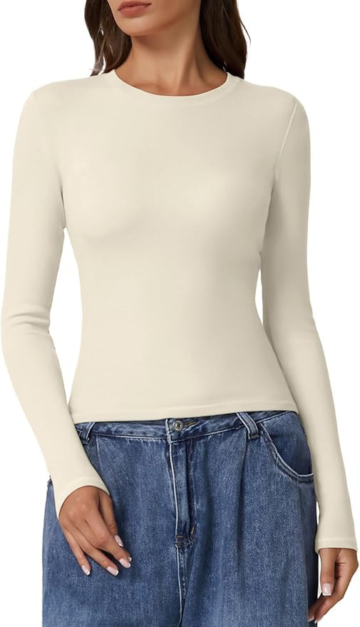QINSEN Long Sleeve Shirts for Women Crewneck Rib Knit Slim Fit Going Out Tops Casual Basic Tee | Amazon (US)