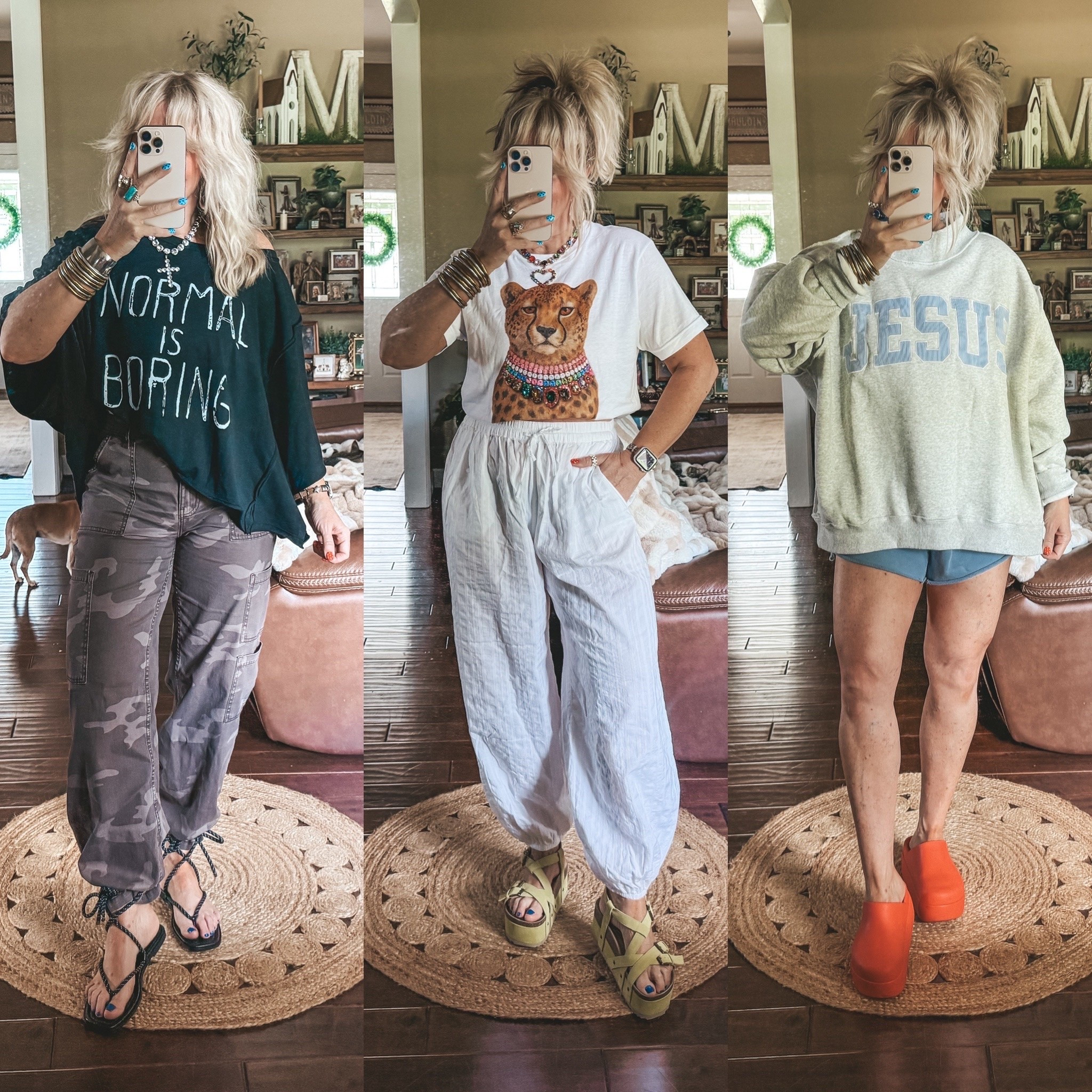 These pieces from @thewillowtree are so adorable! The normal is boring is so me! 👏🏼🥰
Black tee One size 
Leopard tee M
Jesus sweatshirt L/XL 

$17 Camo pants M
White bubble pants M
Shorts M

#LTKOver40