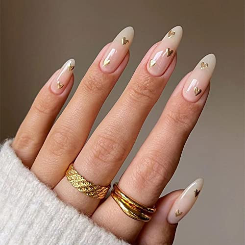 MERVF Almond Press on Nails Medium Gold Heart Fake Nails Stiletto Glossy Glue ons with Designs 24Pcs Acrylic False Nail Valentines | Amazon (US)