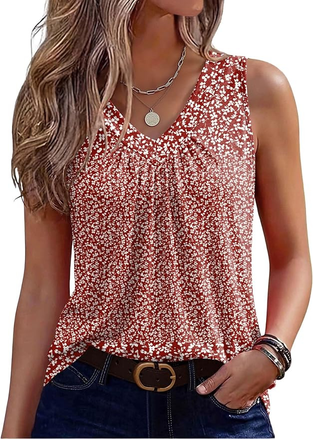 Zeagoo Womens Tank Tops Summer Sleeveless Loose Fit Tops V Neck Pleated Shirts Basic Tees Dressy ... | Amazon (US)