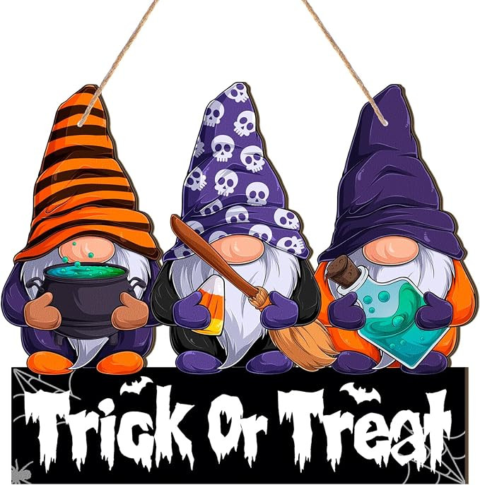 Trick or Treat Sign for Front Door Halloween Hanging Sign Gnome Welcome Door Sign Wood Door Hange... | Amazon (US)