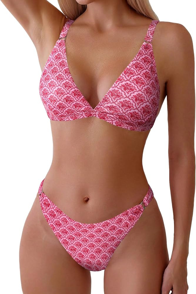 ZAFUL Women's 2 Piece Floral Print Swimsuit Triangle String High Cut Bikini Sets Bathing Suit | Amazon (US)