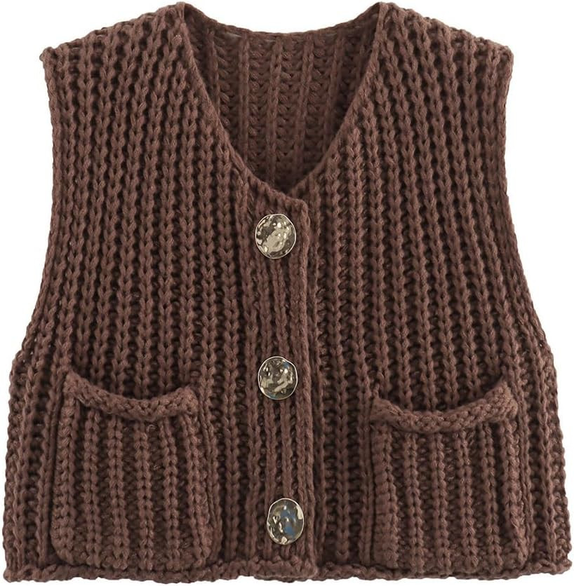 Women Button Down Oversized Cropped Knitted Sweater Vest Sleeveless Casual Open Front Chunky Knit Top with Pocket | Amazon (US)