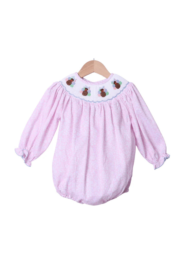 Smocked Turkey Pink Floral Scalloped Bubble | The Smocked Flamingo
