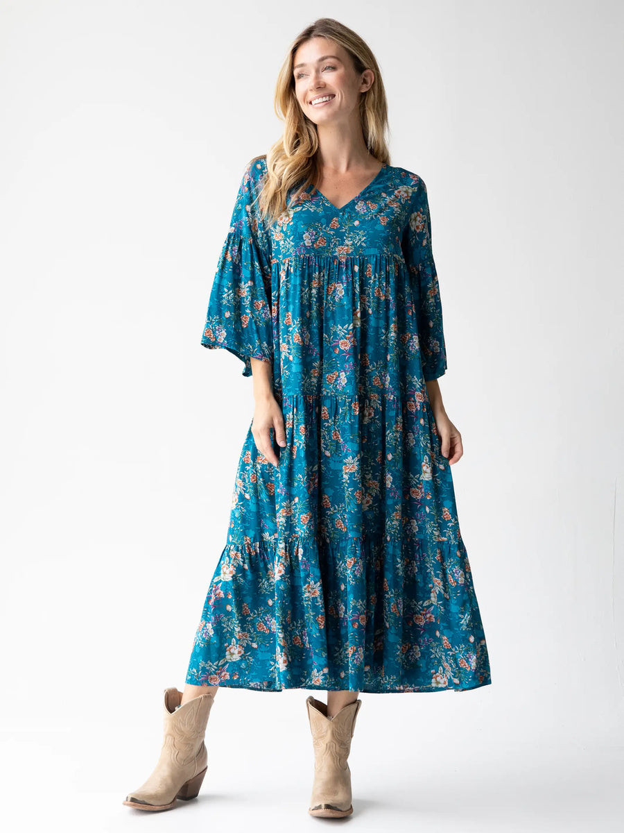 Charlotte Midi Dress - Dark Turquoise Cream | Natural Life