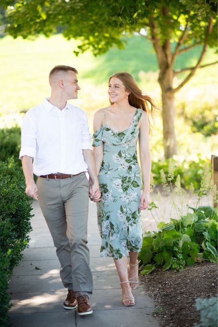 Engagement photo outfit ideas! I worse a size 0 in the dress. Shoes are TTS. Trevor is wearing a size medium shirt. 
#engagementohotos
#engagementphotoideas
#engagementphotooutfit
#weddingguest
#fallweddingguest
#thereformationdress

#LTKwedding