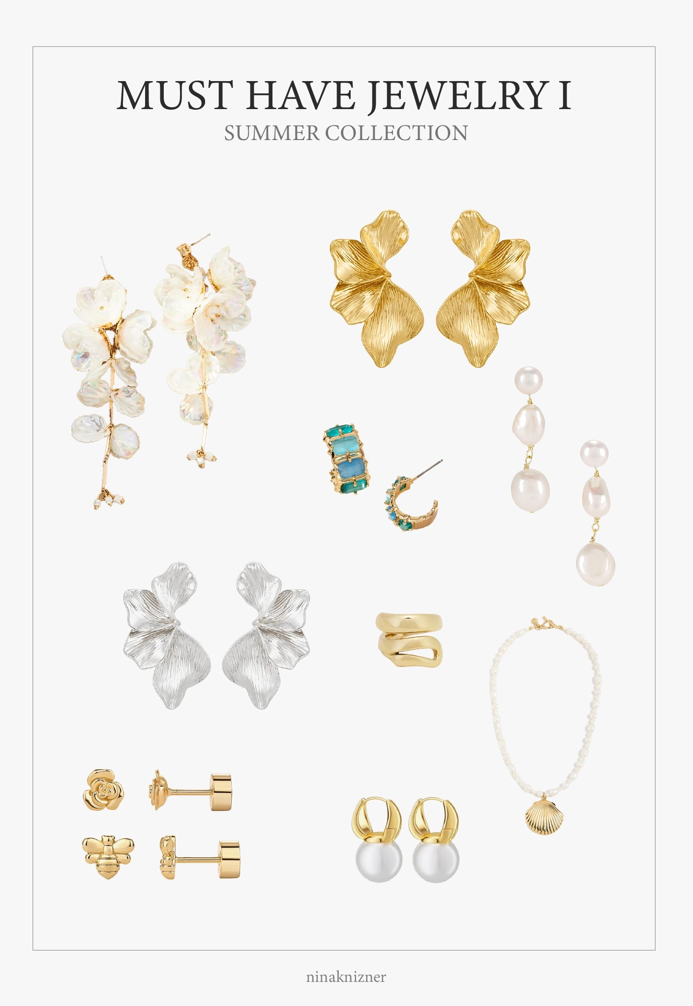 Must have gold and silver tones jewelry for summer. 

Think flowers and pearls, dainty or statement earrings and necklaces. 

These are some of my favorites, head to my summer folders to see how to style them. Enjoyyy 

#summercapsule #statementearrings #statementjewelry #capsulejewelry

#LTKSeasonal #LTKSummerEdit #LTKStyleTip