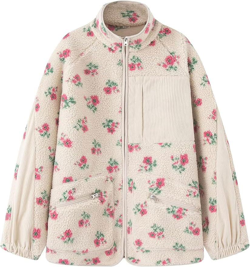 Womens Sherpa Jacket Full Zip Floral Stand Collar Casual Fuzzy Fleece Coats Outerwear with Pocket... | Amazon (US)