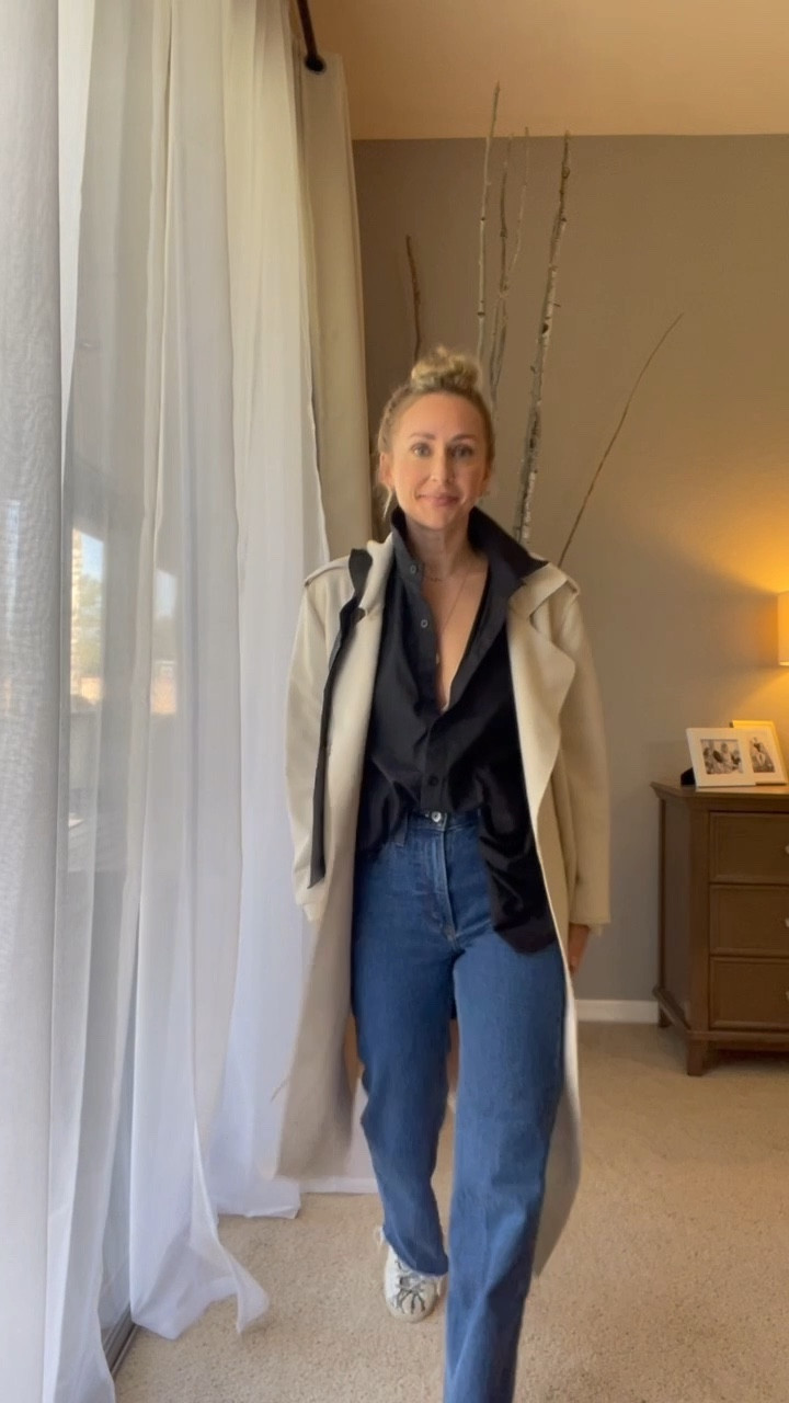 My trench and top are old but I found some dupes 👊🏼Wearing TTS in jeans and sneaks 🫶🏼