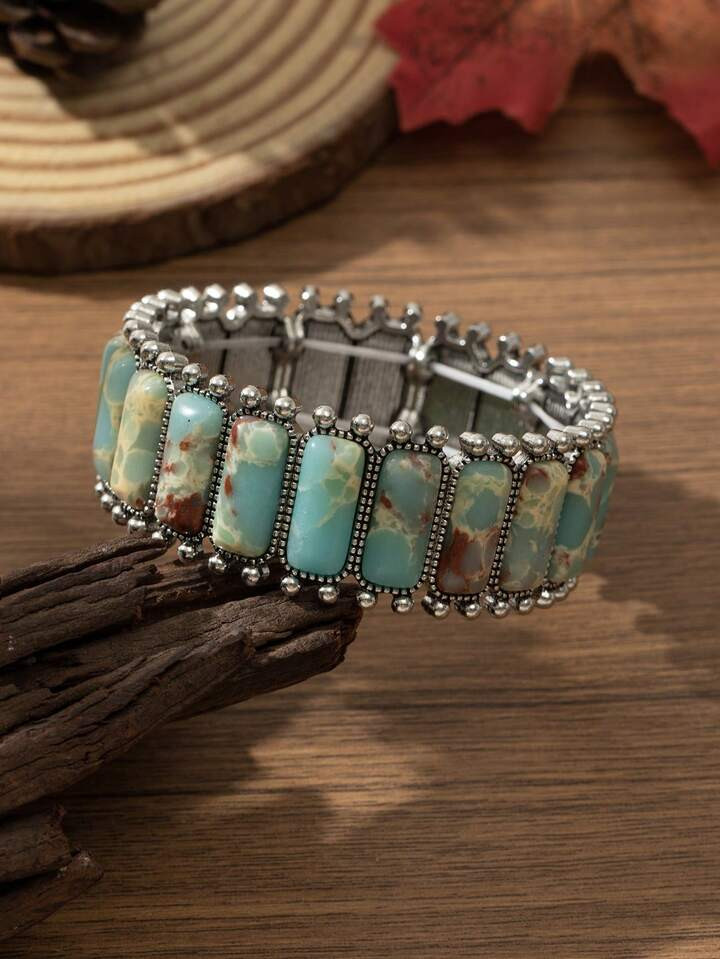 1pc Boho Western Style Women Vintage Faux Jade Elastic Bracelet, Zinc Alloy Personalized Rectangular Jewelry Accessory, Suitable For Outfits, Daily And Holiday Wear | SHEIN