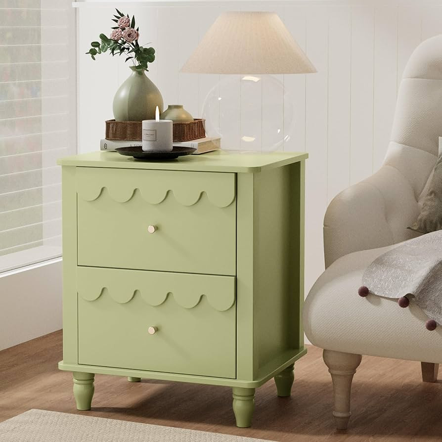 Green Nightstand Side End Table with 2 Drawers, Modern Night Stand with Petal Pattern for Bedroom... | Amazon (US)