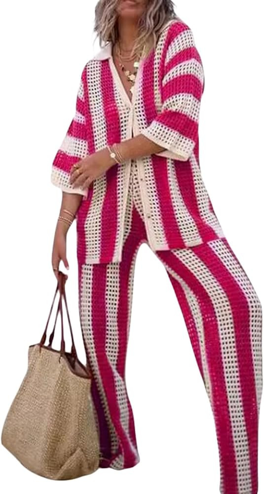 loveimgs Womens Summer 2 Piece Crochet Knit Outfit Striped Short Sleeve Button Shirt Hollow Out W... | Amazon (US)
