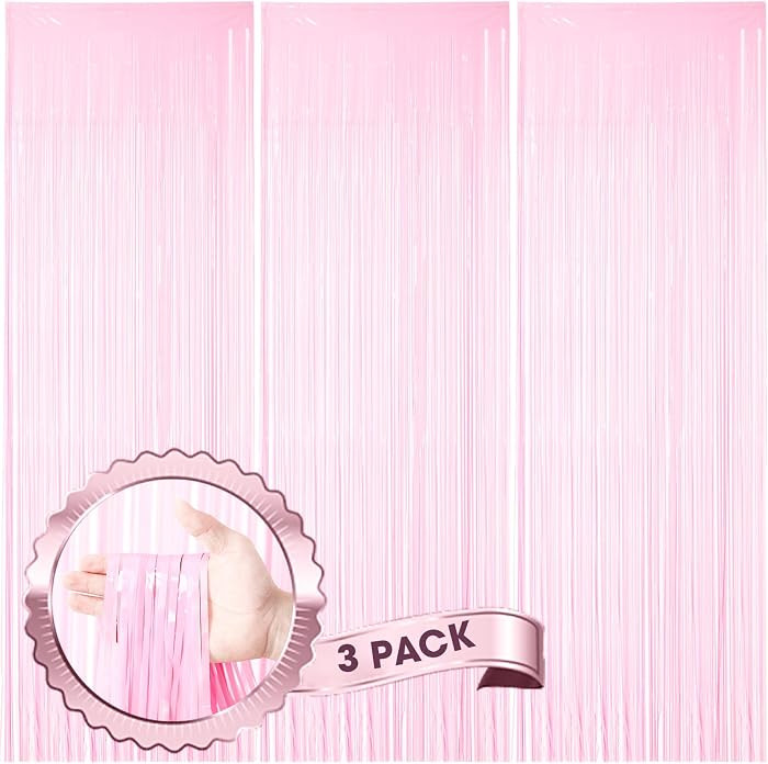 Pastel Pink Foil Fringe Backdrop Curtains, 3.3x8.2ft, 3 Pack | Amazon (US)
