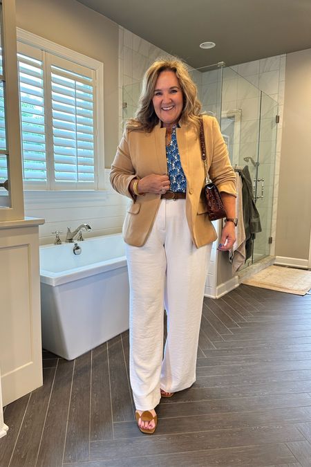 This cappuccino blazer is restocked. It’s the best neutral! And it’s 20% off with code SUNNY20 I wear an XL 
BLOUSE size large 
Pants size 12 reg 

#LTKSaleAlert #LTKOver40 #LTKWorkwear