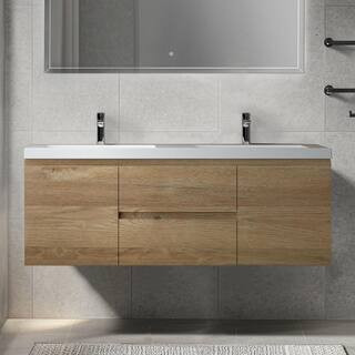60 in. Wall-Mounted Floating Bath Vanity in Natural Oak with Double Solid Surface Sink Top in White | The Home Depot
