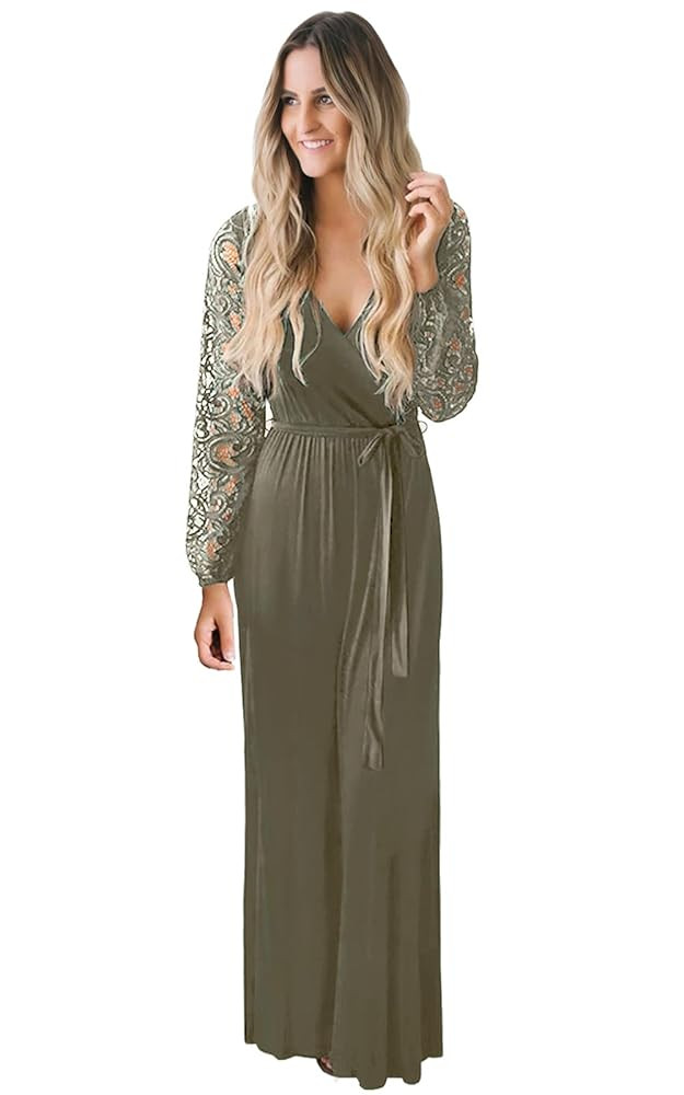 Kranda Womens Vintage Floral Lace Long Sleeve Faux Wrap V Neck Party Long Maxi Dress | Amazon (US)