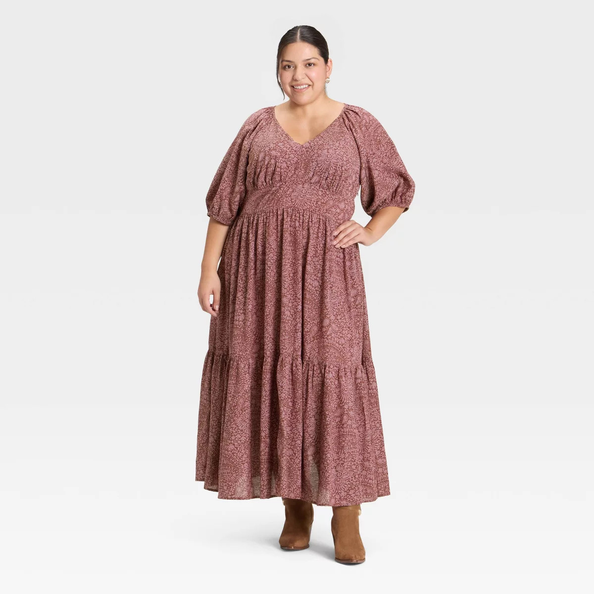 Women's Puff Elbow Sleeve Printed Maxi A-Line Dress - Universal Thread™ Mauve | Target
