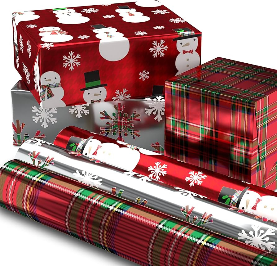 Hallmark Foil Christmas Wrapping Paper with Cut Lines on Reverse (3 Rolls: 60 sq. ft. ttl) Plaid ... | Amazon (US)