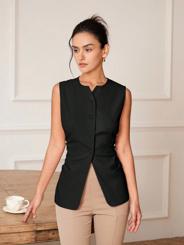 Ladies' Solid Color Simple Sleeveless Suit Vest, Daily Wear | SHEIN