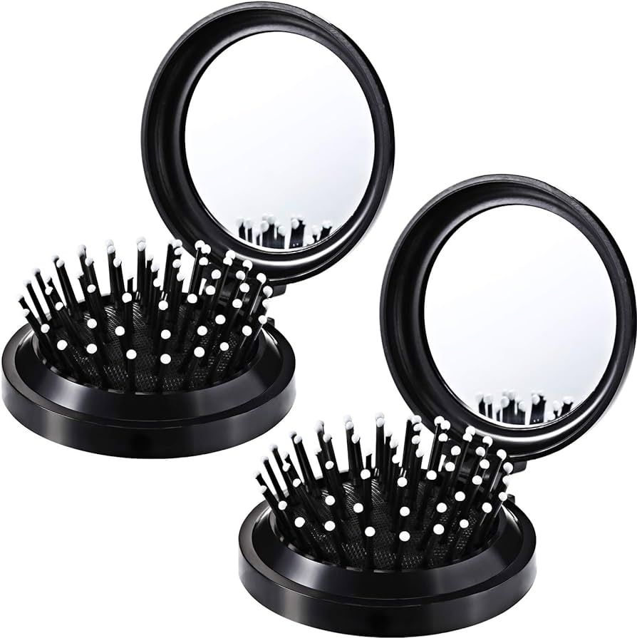 2 Pack Foldable Travel Mirror Hair Brushes Round Portable Folding Pocket Hair Brush Mini Hair Com... | Amazon (US)