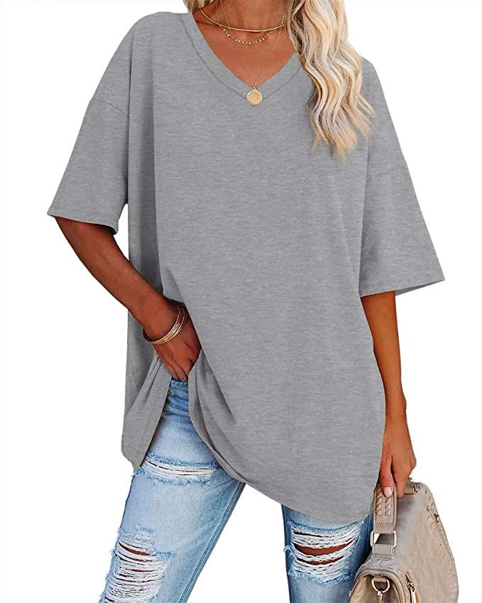 Ebifin Women's Oversized T Shirts Tees Half Sleeve V Neck Comfy Cozy Cotton Tunic Tops | Amazon (US)